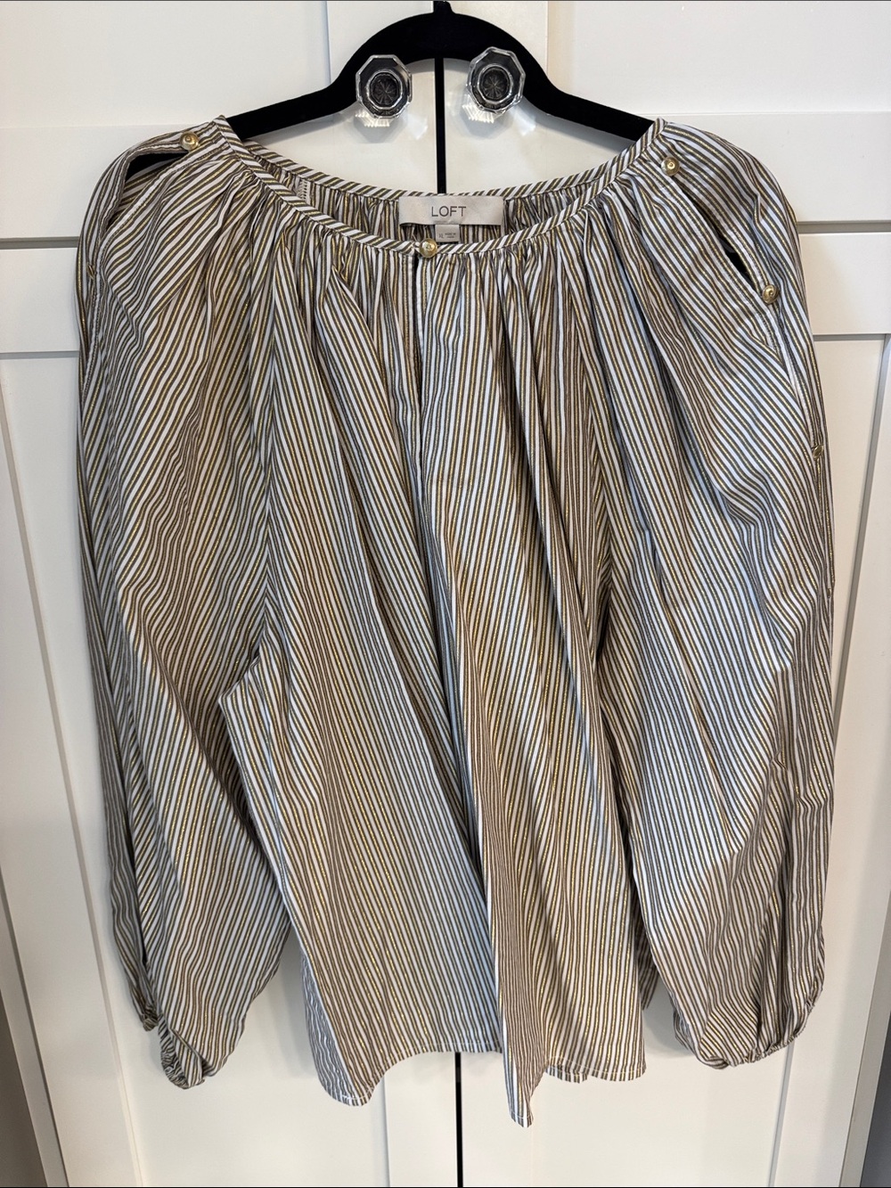 LOFT Brown, metallic gold and White Striped Balloon-Sleeve Blouse
